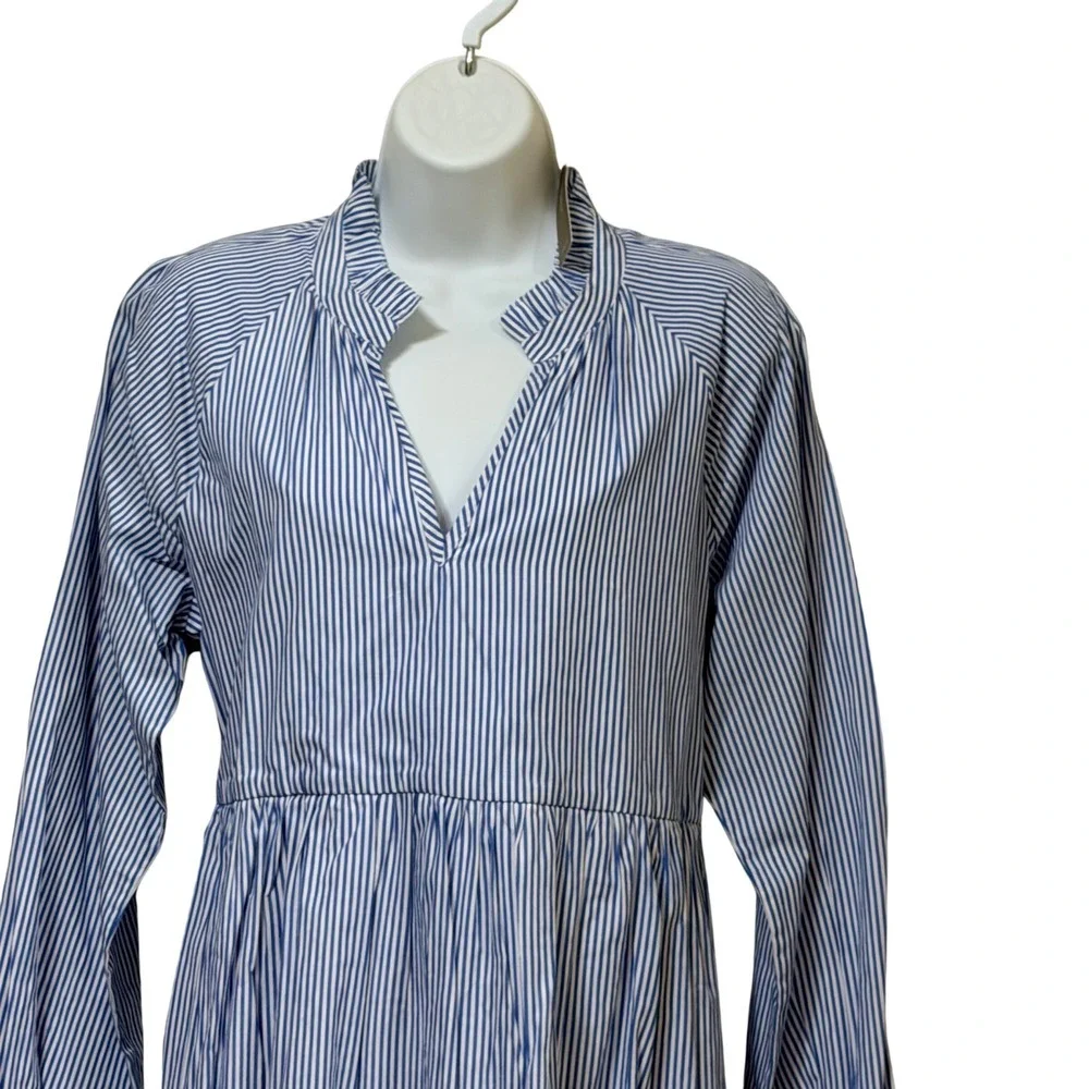 J.Crew Blue White Striped Tiered Mini Dress Long Sleeve Ruffle Neck NWT Small